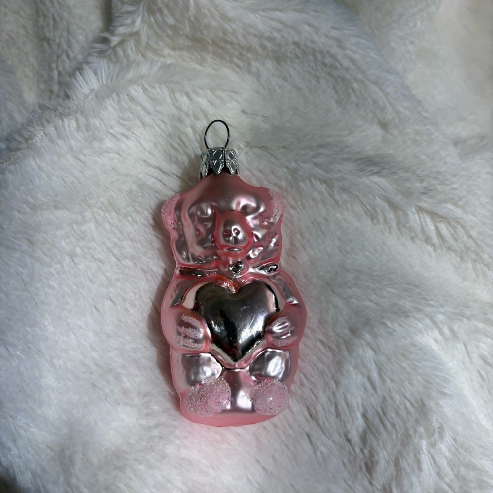 Vintage West Germany Glass Christmas Ornament Pink Bear frosted hand painted